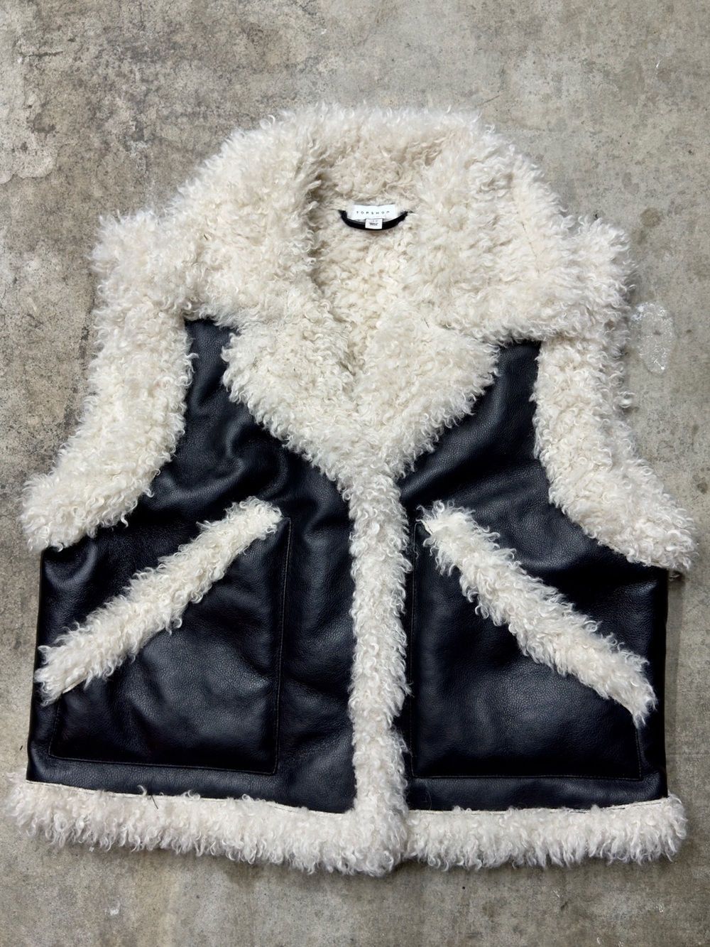 Topshop Black Faux Leather Vest with Cream Teddy Trim
